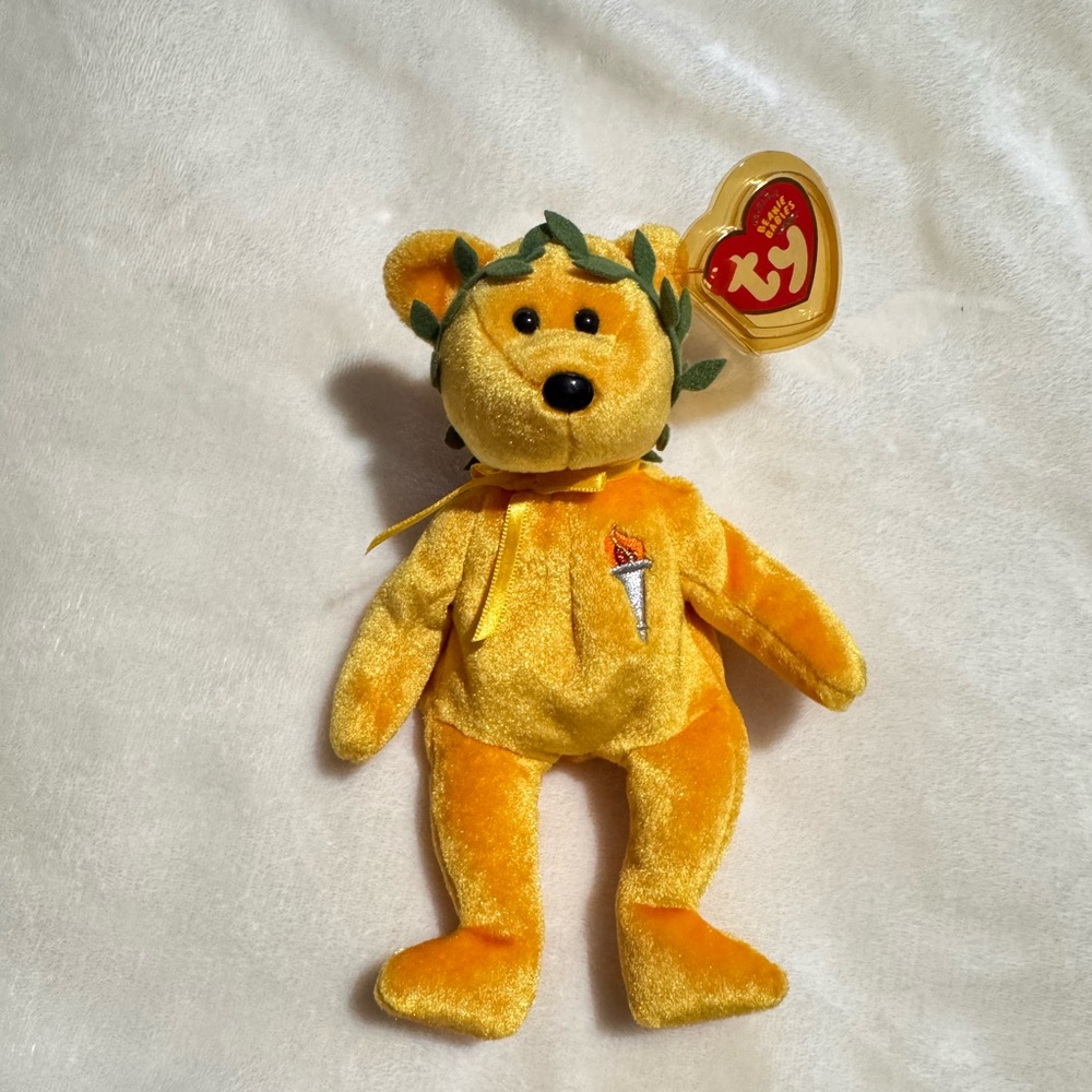 TY Victory 2004 Beanie Baby Yellow Plush Bear Toy